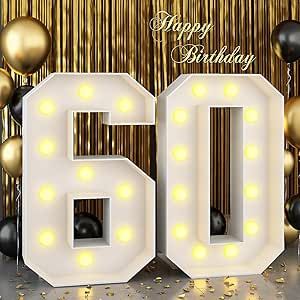 4ft Marquee Light Up Numbers 60 Large Numbers with Lights Bulbs White Mosaic Frame for Men Women 60th Birthday Party Decorations Pre-Cut Cardboard Giant Cut-Out Thick Foam Board Sign Anniversary 60th Birthday Ideas For Mom Party, 40th Birthday Decor, 60th Birthday Ideas For Mom, 70th Birthday Parties Decorations, White Marquee, Light Up Numbers, Birthday Ideas For Mom, 40th Birthday Themes, Foam Board Sign