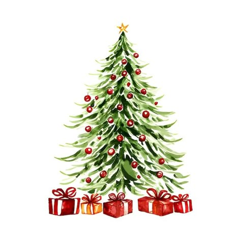 Vector watercolor christmas tree with re... | Premium Vector #Freepik #vector #new-year-gift #christmas-tree-drawing #christmas-pine #christmas-gift Christmas Gift Drawing, Christmas Decorations Drawings, Christmas Tree Water, Christmas Tree Drawing, Christmas Stock Photos, Tree Watercolor Painting, Watercolor Christmas Tree, Red Gift Box, Christmas Tree Art