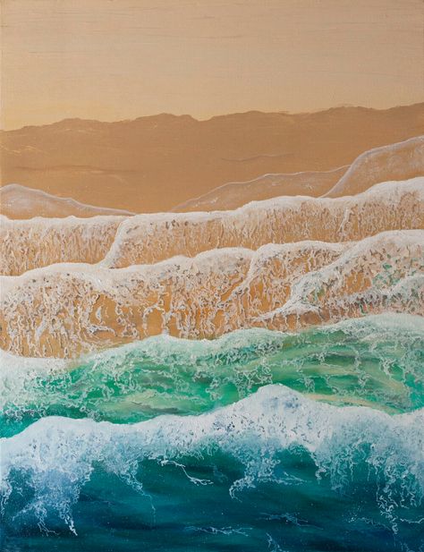 Waves On Beach Painting, Painting Of Ocean Waves, Green Sea Painting, Sea And Beach Painting, Ocean And Sand Painting, Sea Foam Illustration, Aerial Ocean Painting, Ocean Sand Painting, How To Paint Sand On A Beach