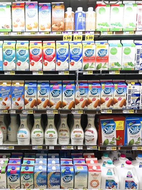 A photo of a supermarket shelf filled with nut milk Meal Plan With Shopping List, Meal Plan For A Week, Amazing Dinners, Recipes Cute, Vegan Meal Plan, Digital Advertising Design, Almond Breeze, Supermarket Shelves, Starbucks Drinks Recipes