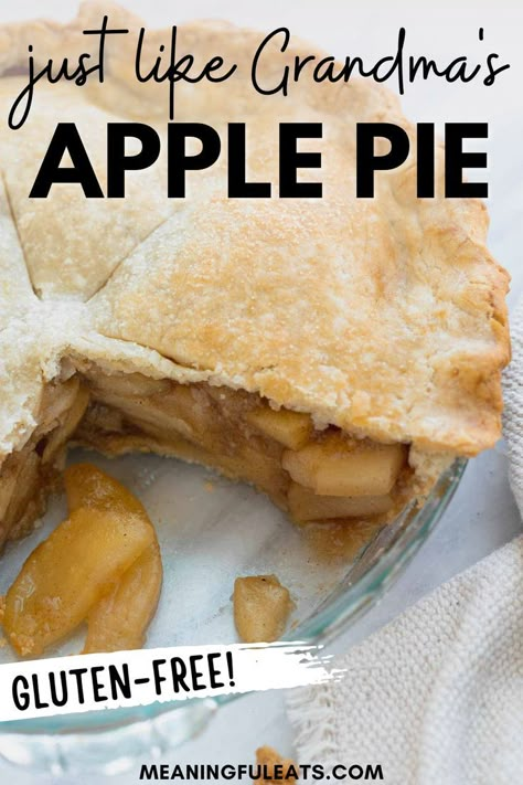 A apple pie with a slice taken out of it. Gf Apple Pie, Apple Pie Recipe Gluten Free, Gluten Free Pies Thanksgiving, Gf Apple Pie Filling, Gf Apple Pie Recipe, Gluten Free Apple Pie Crust, Best Gluten Free Apple Pie, Easy Gluten Free Apple Pie, Gluten Free Pie Crust Recipe