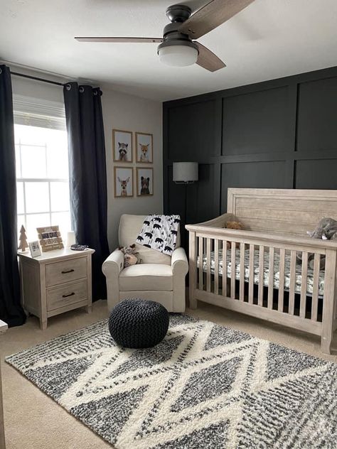 Nursery Dark Accent Wall, Neutral Black Nursery, Black Baby Furniture Nursery, Nursery With Black Accent Wall, Black Rug Nursery, Nursery Room Babyboy, Black Theme Nursery, Black White And Natural Wood Nursery, Dark Grey Accent Wall Nursery