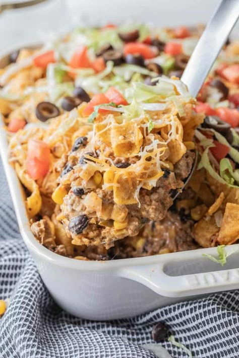 Walking Tacos Casserole, Frito Taco Bake, Taco Casserole With Rice, Beef Taco Bake, Beginner Cooking, Taco Casserole Bake, Walking Taco Casserole, Taco Dishes, Casserole Bake