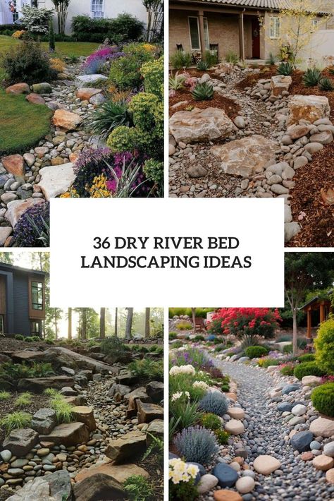 Dry River Bed Landscaping Ideas Dry Creek Bed Garden, Backyard Dry Creek Bed, Dry Pond Ideas, Stone Hill Landscaping, Rain Garden Front Yard, Dry River Rock Landscaping, Stone River Landscaping, Faux River Bed, River Garden Landscapes