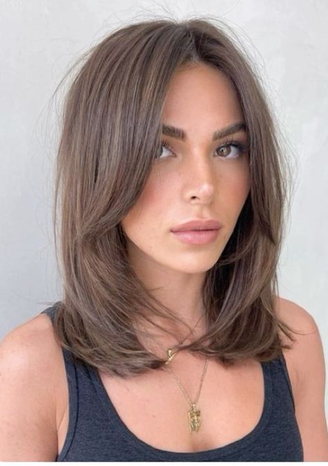 Small Layers Medium Hair, Old Money Haircuts Women Medium, Short Brown Hair Curtain Bangs, Shoulder Length Hair Face Framing Layers, Long Bangstyle Hair, Mid Bob Hairstyles, Long Bob Brown Hair, Collar Bone Length Hair Straight, Hair Cuts Ideas Short