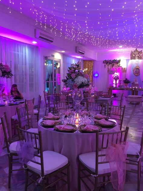 Ballroom Party Ideas, Pink And Purple Sweet 16 Decorations, Glamour Sweet 16 Theme, Fairytail Quince Theme, Purple Quince Aesthetic, Sweet 16 Purple Dresses, Pink And Purple Sweet 16, Sweet 16 Party Ideas Purple, Sweet 16 Birthday Dresses