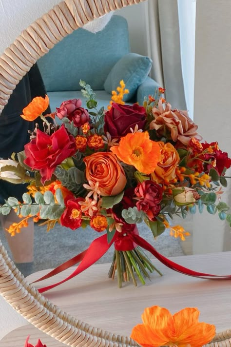 Wedding Bouquets Mexican, Mexican Style Bouquet, Red Pink Orange Wedding Bouquet, Marigold And Rose Bouquet, Spanish Style Wedding Bouquet, Orange And Red Wedding Bouquet, Orange Marigold Bouquet, Orange Summer Bouquet, Red Orange Bridal Bouquet