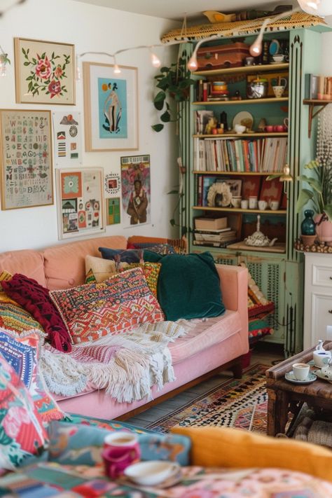 Bohemian Bliss: Style Your Living Room with Colorful Textures and Eclectic Decor Colourful Cozy Living Room, Colorful Cozy Apartment, Bright Eclectic Living Room, Living Room Inspo Colorful, Living Room Eclectic Cozy, Eclectic Grandma Decor, Colorful Small Living Room, Pattern Sofa Living Room, Colorful Cozy Living Room