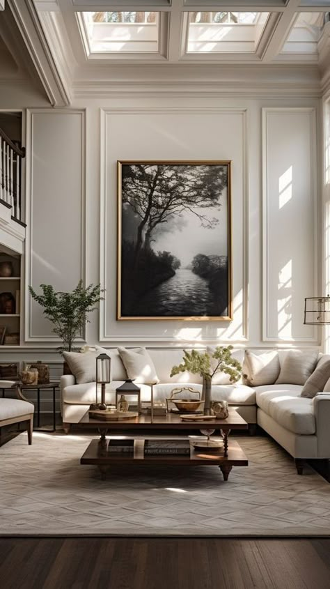 Living Room Ideas Rustic Modern, Classic English Heritage Interior, Large White Windows Living Room, Classic Southern Interior Design, Living Room Designs Traditional Modern, Elegant Houses Interior Luxury, Art Next To Fireplace Living Rooms, Classic Interior Design Style, Classical Contemporary Interior