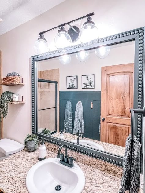 Bathroom Mirror With Wooden Frame, Mirror Trim Bathroom Diy Frame Wood, Frame Around Mirror Bathroom, How To Frame Your Bathroom Mirror, Restroom Mirror Frame Diy, Mirror Framed Mirror, Border Bathroom Mirror, Build A Frame For A Mirror, Framing A Bathroom Mirror With Wood