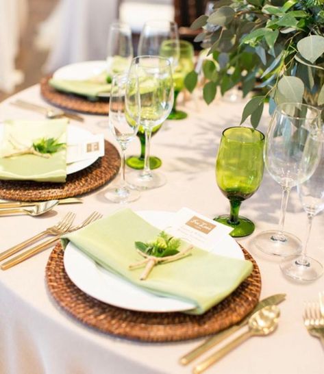 Signature Party Rentals Mossy Tablescape, Green Glassware Wedding Table, Green Goblet Wedding Table Setting, Lime Green Table Setting, Tropical Glam Wedding Table Settings, Lime Green Weddings, Elegant Plates, Bright Wedding Colors, Green Centerpieces