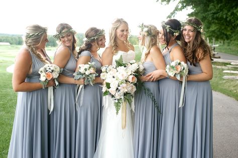 Bridesmaids in Henkaa's Sakura Convertible Dresses and Hana Chiffon Overlays in Dove Grey. Jenn Kavanagh Photography Dusty Blue Bridesmaid Dress, Dusty Blue Bridesmaid, Dusty Blue Bridesmaid Dresses, Blue Bridesmaid Dress, Blue Themed Wedding, Dress Alterations, Dusty Blue Weddings, Convertible Dress, Infinity Dress