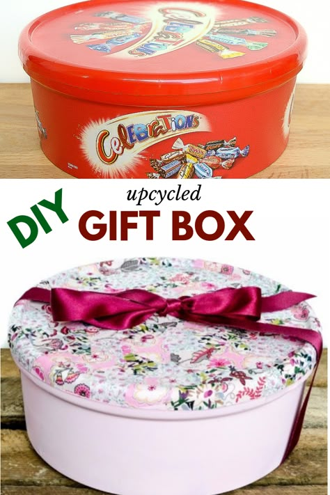 Do you love sweets? Wonder what to do with the plastic tins? Upcycle them into gift boxes with chalk paint spray and fabric scraps #giftwrappingidea #upcyclecraft #giftwrap led projects and crafts are my favorite. #recycle #recycledproject #recycling #crafts #diy #doityourself #homedecor Recycling Crafts, Sweet Boxes, Upcycled Gifts, Led Projects, Diy Step By Step, Recycled Gifts, Tin Can Crafts, Biscuit Tin, Diy Gift Wrapping