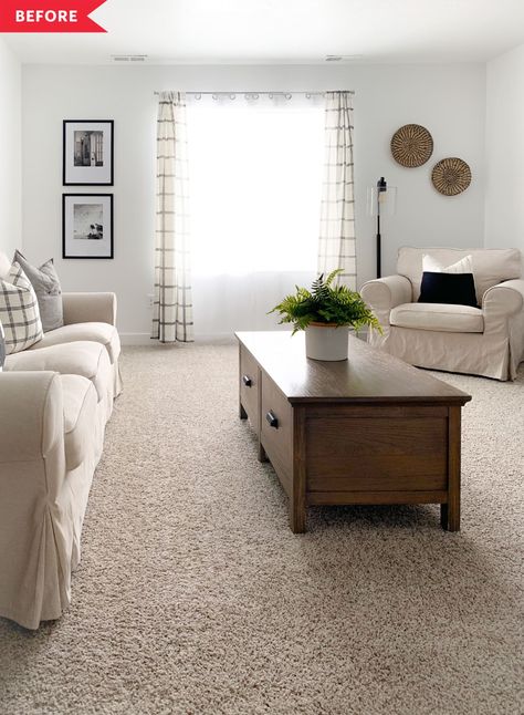 Living Room Refresh - Living Room Mini Makeover Using Small Tweaks | Apartment Therapy Beige Carpet Living Room, Brown Carpet Living Room, Carpet Basement, Plaid Curtains, Living Room Refresh, Carpet Cleaning Hacks, Brown Carpet, Room Refresh, Carpet Living Room