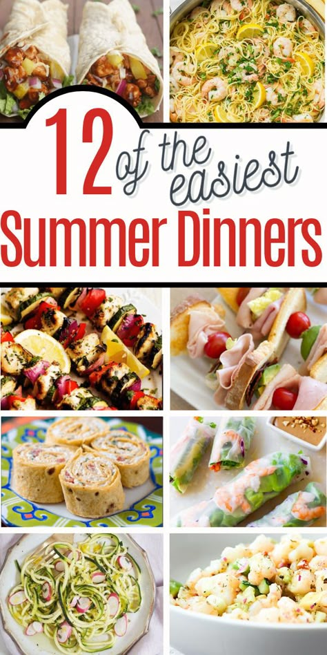 These 12 easy Summer dinner ideas for families are perfect for busy weeknights! Make these easy recipes without heating the house up on those hot summer days. No oven required and these go together in no time. #Weeknightrecipes #easydinners #simpledinners #noovenmeals #easyrecipes Dinner For House Guests, Dinner Ideas For Summer Nights, Rainy Summer Dinner Ideas, Summer Dinner Ideas Stovetop, Lite Summer Dinner Recipes, Cool Dinners For Hot Days, Cold Dinner Ideas For Hot Days, Hot Day Dinner Ideas, No Oven Dinners