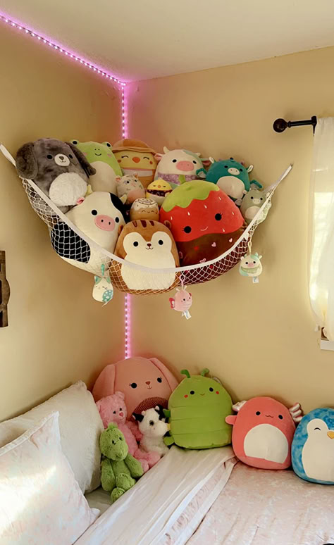 Stuffed Animal Storage Hammock, Net Organizer, Toy Storage, Cute Plushie Holder, Room Bedroom Decor Corner Hammock For Stuffed Animals, Nets For Stuffed Animals, Stuffed Animal Storage Ideas For Adults, Stuffed Toys Aesthetic Room, Diy Stuffed Animal Storage Hammocks, Stuffed Toys Storage Ideas, Big Stuffed Animal Storage, Stuffed Toy Storage Ideas, Net For Plushies