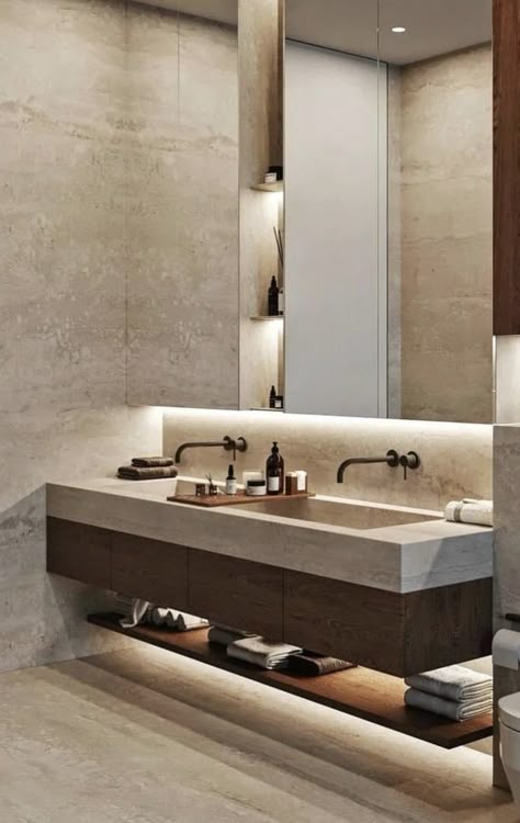 High End Bathrooms, Mirrored Walls, Travertine Bathroom, Wood Bathroom Cabinets, Italian Bathroom, Luxury Bathroom Master Baths, Minimalistic Interior, Bathroom Inspiration Modern, Bathroom Decor Luxury