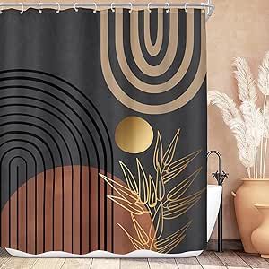 KOMLLEX Chic Abstract Shower Curtain for Bathroom Decor Boho Leaves Tropical Mid Century Simple Minimalist Fancy Modern Fabric Waterproof Polyester 12 Pack Hooks Brown Grey Shower Curtain 60Wx72H Inch Boho Rainbow Bathroom, Black And Beige Bathroom, Boho Chic Bathroom Decor, Bathroom Neutral, Mid Century Shower Curtain, Boho Chic Bathroom, Grey Shower Curtain, Bathroom Decor Boho, Modern Bathroom Decor Ideas