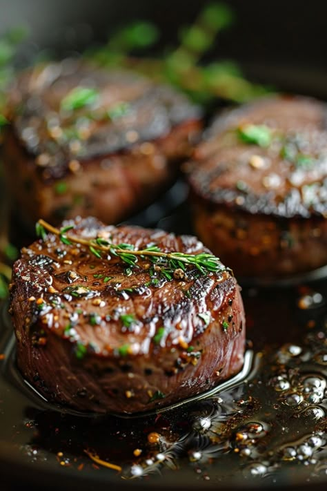 Grilled steak medallions garnished with fresh herbs. How To Cook A Perfect Steak On The Stove, How To Cook The Perfect Filet Mignon, Filet Mignon Recipes Iron Skillet, Marinated Filet Mignon, Filet Cast Iron Skillet, Filet Mignon Seasoning, Steak In A Skillet How To Cook, Best Way To Cook Filet Mignon In Oven, Seared Filet Mignon Cast Iron Skillet