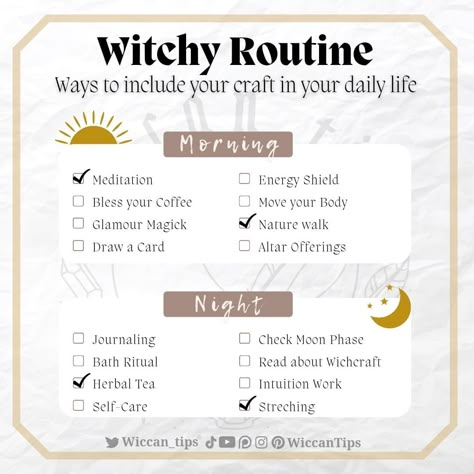 Witchcraft Routine, Witchy Information, Daily Wiccan Routine, Witch Night Routine, Witchy Content Ideas, Morning Witch Routine, Witchy Routine, Witchy Cleaning Tips, Witch Morning Routine