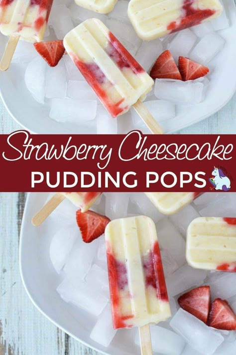 DIY ice pops. Strawberry cheesecake popsicle recipe. East to make homemade pudding pops. #strawberry #popsicles #DIY #frozentreats #puddingpops Strawberry Cheesecake Pudding, Home Made Popsicles Healthy, Popsicles Diy, Strawberry Cheesecake Popsicles, Diy Ice Pops, Easy Popsicle Recipes, Homemade Fruit Popsicles, Frozen Pops, Homemade Ice Pops