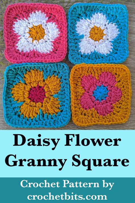 Crochet Daisy Flower Granny Square Pattern Daisy Flower Granny Square, Flower Granny Square Pattern, Crochet Flower Granny Square, Crochet Flower Granny Square Pattern, Granny Square Pattern Free, A Daisy Flower, Motifs Granny Square, Crochet Flower Squares, Flower Granny Square