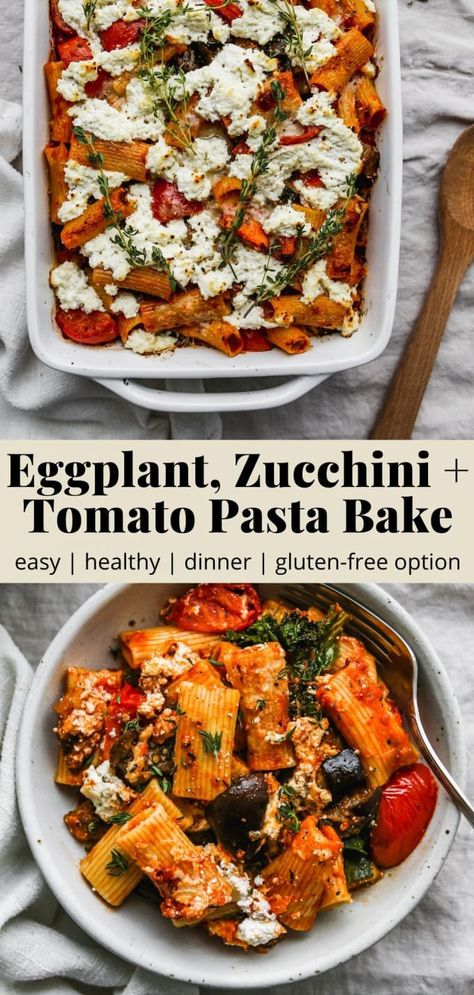 Aubergine Pasta Bake, Healthy Oven Recipes For Dinner, Savory Bakes Recipes, Roasted Veggie Pasta With Ricotta, Eggplant Ricotta Pasta, Oven Only Recipes, Kale Tomato Recipes, Veggie Pasta Recipe, Roasted Eggplant And Tomato Recipes