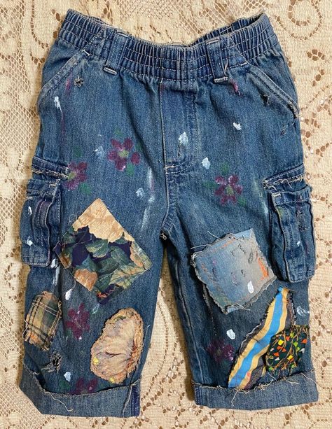 Upcycled, boho, hippie, patched, pocket, paint, flowers, heart, art,  kids jean Upcycled Kids Clothes, Jeans Art, Flowers Heart, Bohemian Baby, Paint Flowers, Jeans Kids, Art Kids, Heart Art, Baby & Toddler Clothing