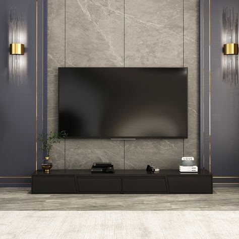 TV Stand Modern Extendable TV Stand in Stretch for TVs up to 120" - On Sale - Bed Bath & Beyond - 38451364 Diy Mantel Fireplace, Tv Media Center, Black Tv Cabinet, Console Table Modern, Dallas Apartment, Mantel Fireplace, Modern Tv Cabinet, Dark Blue Wallpaper, Tv Stand With Storage