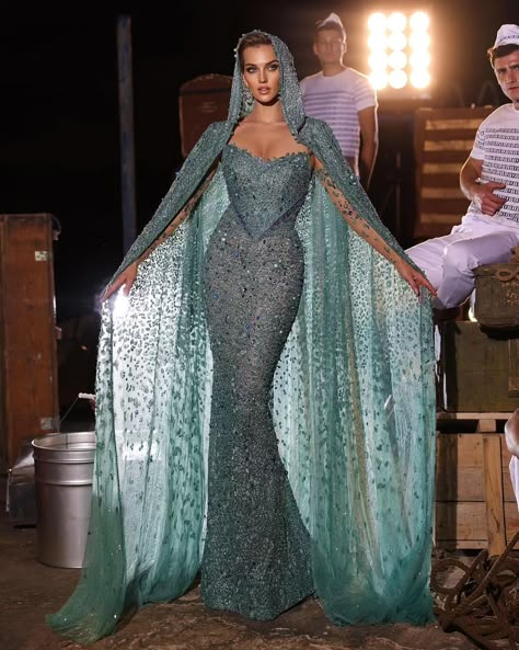 Sadek Majed, Hooded Gown, Elven Queen, Couture Evening Gowns, Tulle Gloves, Feather Gown, Goddess Fashion, Dinner Gown, Green Formal Dresses