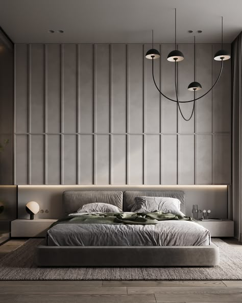 green gray on Behance Bedroom Interior Design Luxury, Modern Bedroom Interior, Wall Panelling, Bedroom Decor Design, Bed Back, Bedroom Bed Design, Bed Furniture Design, Bedroom Furniture Design, Bedroom Designs