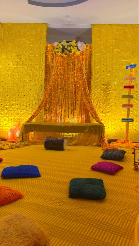 The most colourful event in any wedding is Mehndi/ Ubtan. It's colour make rest of the Events memorable. . Decor done for @ghulamnabik . For more info and queries Dm us and contact 03078213939 Home Decor For Mehndi Function, Bridal Shower Setup At Home, Mayoun Decor Ideas, Dholki Ideas At Home In Pakistan, Mayo Decoration At Home Pakistani, Mayo Decoration At Home, Mehndi Ideas Decor, Pakistani Mehndi Decor At Home, Mehndi Setup Decor At Home