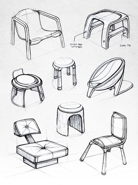 Various chair sketches - Design Sketchbook II on Behance - Matt Seibert Furniture Sketches, Product Design Sketch, Interior Design Sketchbook, Drawing Furniture, Shop Exterior, Furniture Sketch, Product Sketches, Furniture Design Sketches, الفن الرقمي