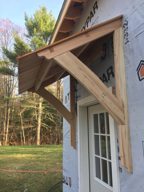 #Awning #Barn #MortiseandTenon #Cedar Wood Awning, Awning Over Door, Pergola Modern, Front Door Awning, Door Overhang, Diy Awning, House Awnings, Door Awning, Porch Awning