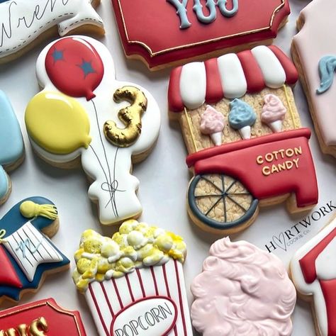 Jessica on Instagram: "🎈Finally posting this circus themed cookie order I made back in September🎪 I definitely went outside of my normal color palette for this set, but I really enjoyed playing with classic primary colors to help make a 3 year olds birthday super playful🫶🏻  Inspo for red curtains and cotton candy cart by @thegirlandthewhisk (cart cutter by @charlson_cookieco )  And I finally got to use my 3 banner cutter by @6bittersweets on this set. Love her bannered number collection! . . . . . . #birthdaycookies #cookieart #carnivalcookies #circuscookies #customcookies #sugarcookies #cookiecutters #icedcookies #icingcookies #royalicingcookies #royalicing #rainbowcookies #cookies #ctcookies #decoratedcookies #decoratedsugarcookies #animacookies #fairfieldct #fairfieldcounty #stratfo Cotton Candy Cart, Circus Cookies, Bakery Art, Candy Cart, Carnival Theme, Rainbow Cookies, Sugar Cookie Designs, Set Love, Carnival Themes