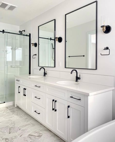 Black Hardware Master Bath, Townhouse Master Bath, All White Half Bath, Master Bath Remodel White Cabinets, Bathroom Inspiration White Cabinets, White Bath Vanity Ideas, Bathroom White Marble Floor, Updated Builder Grade Bathroom, White Vanity Bathroom Black Hardware