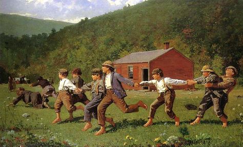 Snap the Whip by Winslow Homer. Homer's style in the 1870s took on a impressionistic light and anecdotal content, evident in his immediately popular Snap the Whip (1872). Winslow Homer Paintings, Famous Works Of Art, August Sander, Albert Bierstadt, Art Composition, 19th Century Paintings, Georges Seurat, Winslow Homer, Poster Shop