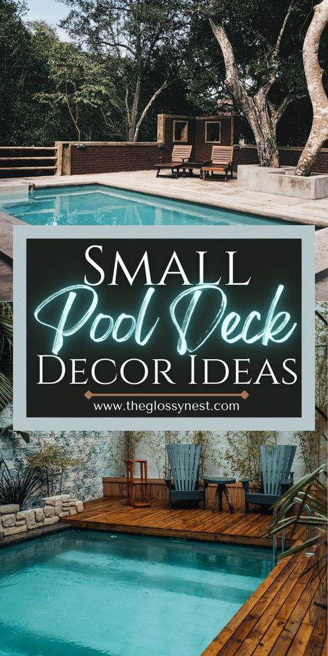 small pool deck decor ideas, furniture for pools Backyard Small Pool, Potted Plants Landscaping, Small Pool Deck, Rectangle Pools, Landscaping Lighting, Swimming Pool Decorations, Pool Deck Decorations, Relaxing Pool, Seating Storage