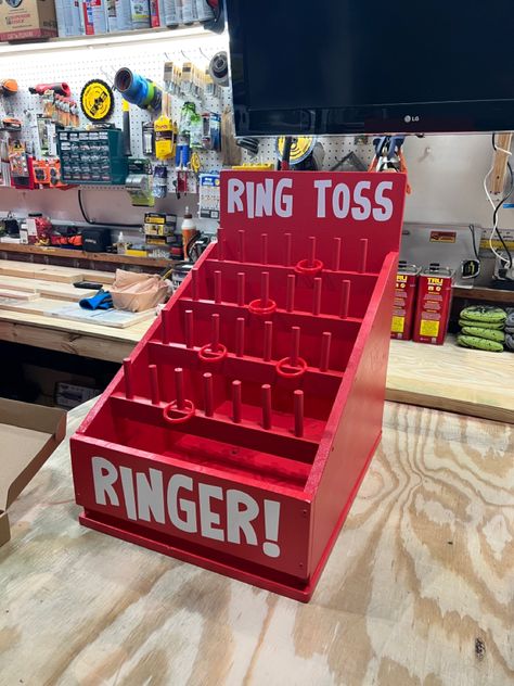 Ring Toss - Ringer! Carnival Game DIY Carnival Game Diy, Ring Toss Game Diy, Toss Ring Game, Table Top Ring And Hook Game Diy, Hook Ring Toss Game, Hook And Ring Game Diy Plans, Diy Hook And Ring Toss Game, Diy Ring Toss Game, Diy Ring Toss