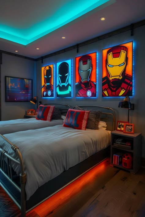 Junior Boys Bedroom Ideas, Boys Bed Rooms, Power Ranger Bedroom Ideas, Marvel Inspired Bedroom, Boys Beds Ideas, Kids Boys Room Ideas, Captain America Room Ideas Boy Bedrooms, Super Hero Bedroom Ideas For Boys, Boys Room Red Accent Wall