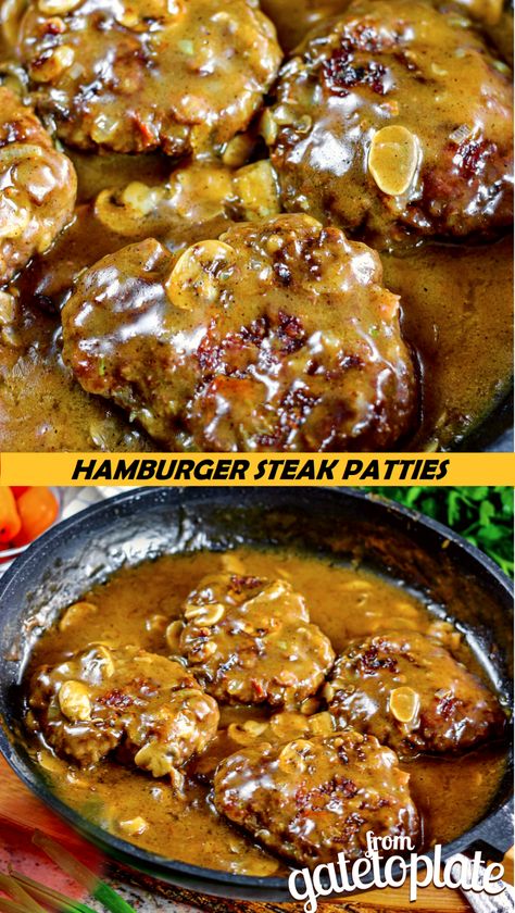 Hamburger Steak Patties - From Gate To Plate Baked Hamburger Patties, Soda Cracker Candy, Cubed Steak Recipes, Hamburger Meat Dishes, Burger Meals, Best Salisbury Steak, Best Salisbury Steak Recipe, Best Hamburger Recipes, Baked Hamburgers