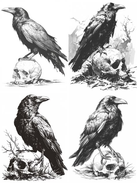 Midjourney prompt: A crow standing on a skull in the - PromptHero Vintage Raven Illustration, Crow On Skull Drawing, Crow Hand Tattoo Men, Raven Skull Art, Crow Skull Art, Crow Front View, Crow Drawing Reference, Crow Art Drawing, Crow Landing