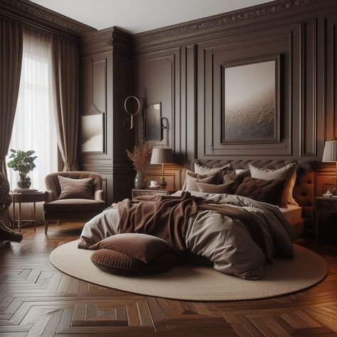 Brown Bedroom Rich Chocolate Accent Wall Brown Bedrooms Aesthetic, Carmel Bedroom Decor, Accent Wall Bedroom Brown, Huge Master Bedrooms Decor Cozy, Brown Painted Bedroom Walls, Dark Wall Light Floor, Home Decor Ideas Neutral Colors, Taupe Brown Bedroom, Chocolate Accent Wall Bedroom