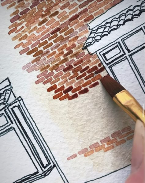 Brick Wall Drawing, Painting Bricks, Drawing Cards, Watercolor House Painting, Brick Art, Building Sketch, Building Painting, Building Drawing, Watercolor Architecture