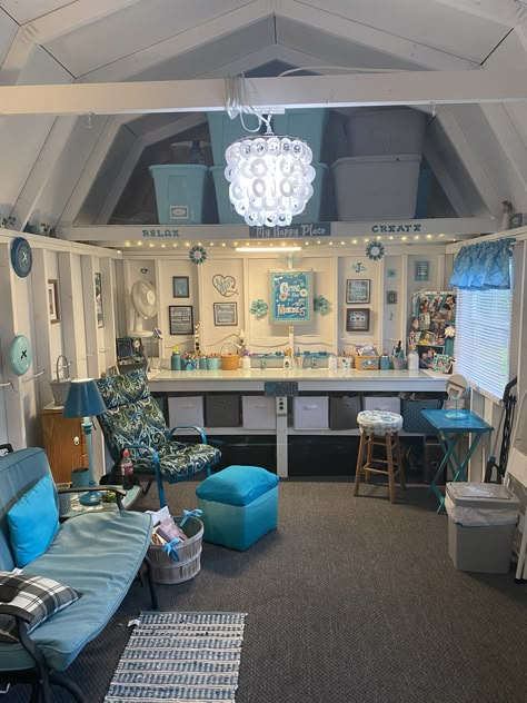 Relaxing She Shed Ideas, Camper Turned Into Craft Room, Craft Shack She Sheds, Shed Rooms Ideas, She Shed Loft Storage Ideas, Shed To Craft Room, Inside Of Shed Ideas, Tiny Home Craft Room, Clubhouse Interior Ideas