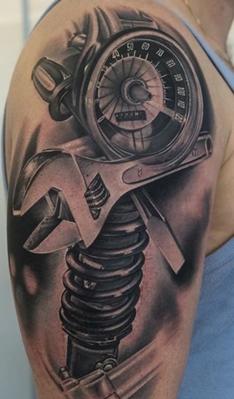 Tachometer Tattoo, Car Mechanic Tattoo, Car Related Tattoos For Men, Mechanic Tattoo Design, Tire Tattoo, Gear Head Tattoo, Diesel Mechanics Tattoo, Jesse Tattoo, Compass Tattoos Arm