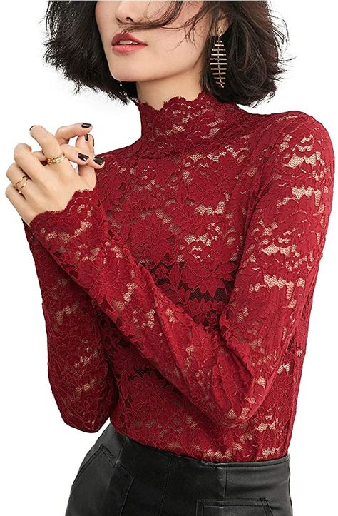 Women's Sexy Lace See Through Blouse Semi Sheer Long Sleeve Mock Neck Top Red XL at Amazon Women’s Clothing store Lace Shirt Outfit, Red Lace Shirt, Lace Turtleneck Top, Lace Summer Tops, Red And Black Outfits, Lace Turtleneck, Red Lace Top, Set Plus Size, Dressy Shirts