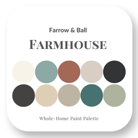 Farrow & Ball Farmhouse - Perfect Colour Palettes - Claire Jefford Cotswold Colour Palette, Colour Palette Farrow And Ball, Country House Colour Palette, Whole House Colour Scheme, Farmhouse Colours Palette, Farrow And Ball Color Palette, Farrow And Ball Color Schemes, Farrow And Ball Paint Colour Palettes, Farrow And Ball Colour Schemes