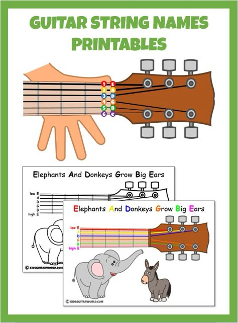 Teaching the names of the guitar strings should be part of every first guitar lesson.  Download our printable PDF to teach the names guitar strings to kids. They will help kids to memorize the names quickly and easily. What Are The Strings On A Guitar, Strings On A Guitar, Parts Of The Guitar, Guitar Notes Chart For Beginners, Beginning Guitar Lessons, First Guitar Lesson, Guitar Parts Name, How To Learn The Guitar, Guitar Strings Name