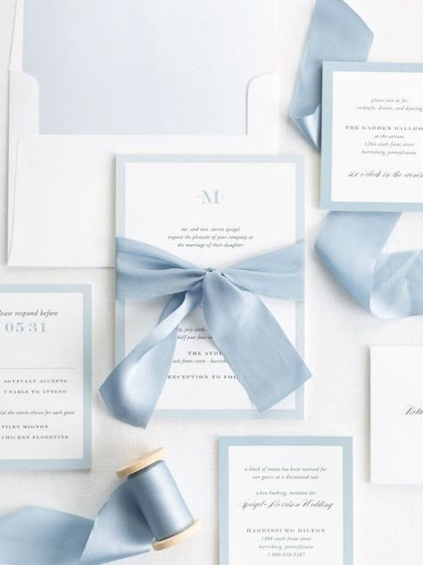 Powder Blue Wedding Inspirations | Sky Blue | Light Blue Wedding Style Ribbon Wedding Invitations, Powder Blue Wedding, Sky Blue Weddings, Ribbon Invitation, Baby Blue Weddings, Wedding Invitation Trends, Blue Wedding Inspiration, Light Blue Wedding, Colorful Borders